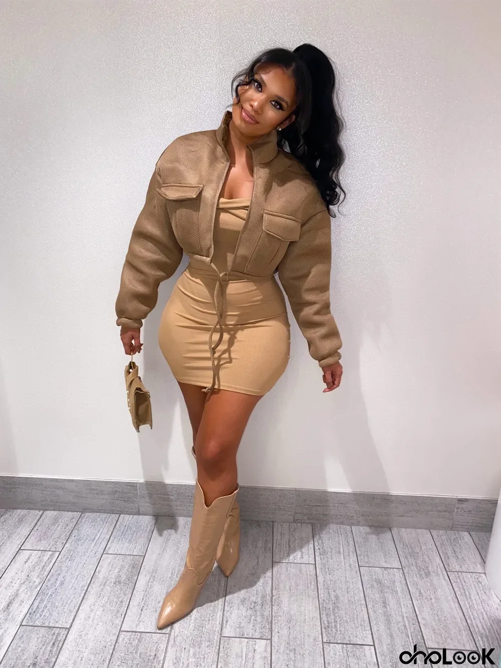 Women Stand Collar Decorative Pocket Long Sleeve Short Jacket