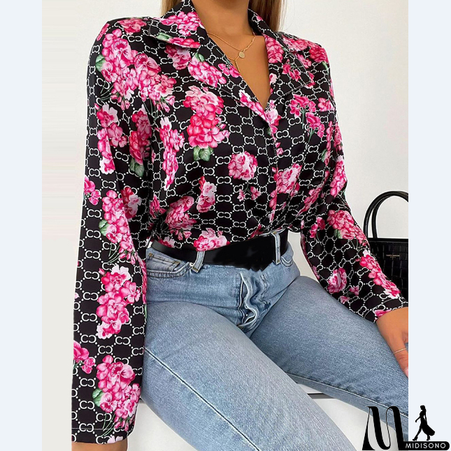 MidiSono - Long Sleeve Floral Print Shirt Top