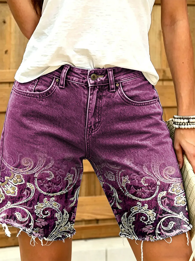 Women's Vintage Floral Print Denim Bermuda Shorts