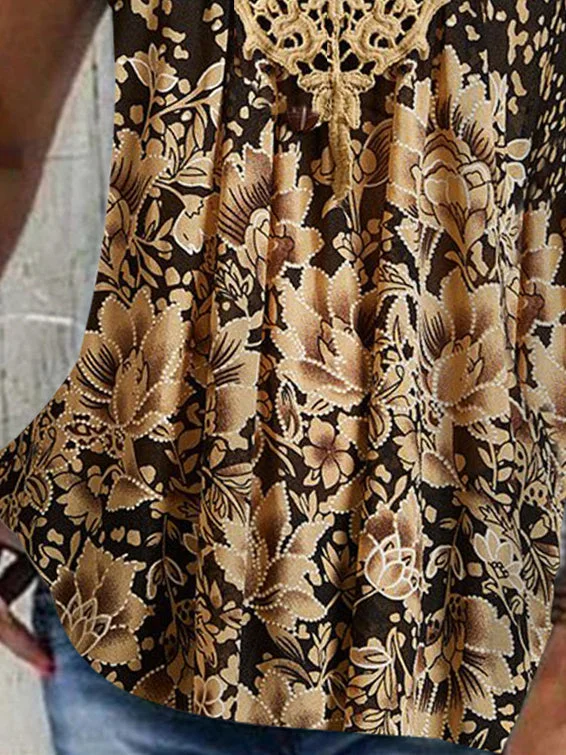 Women's Sleeveless V-neck Floral Printed Lace Stitching Colorblock Tops