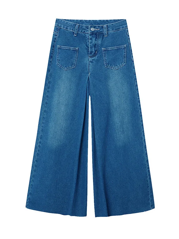 Buttoned Fringed Pockets High Waisted Wide Leg Jean Pants Bottoms