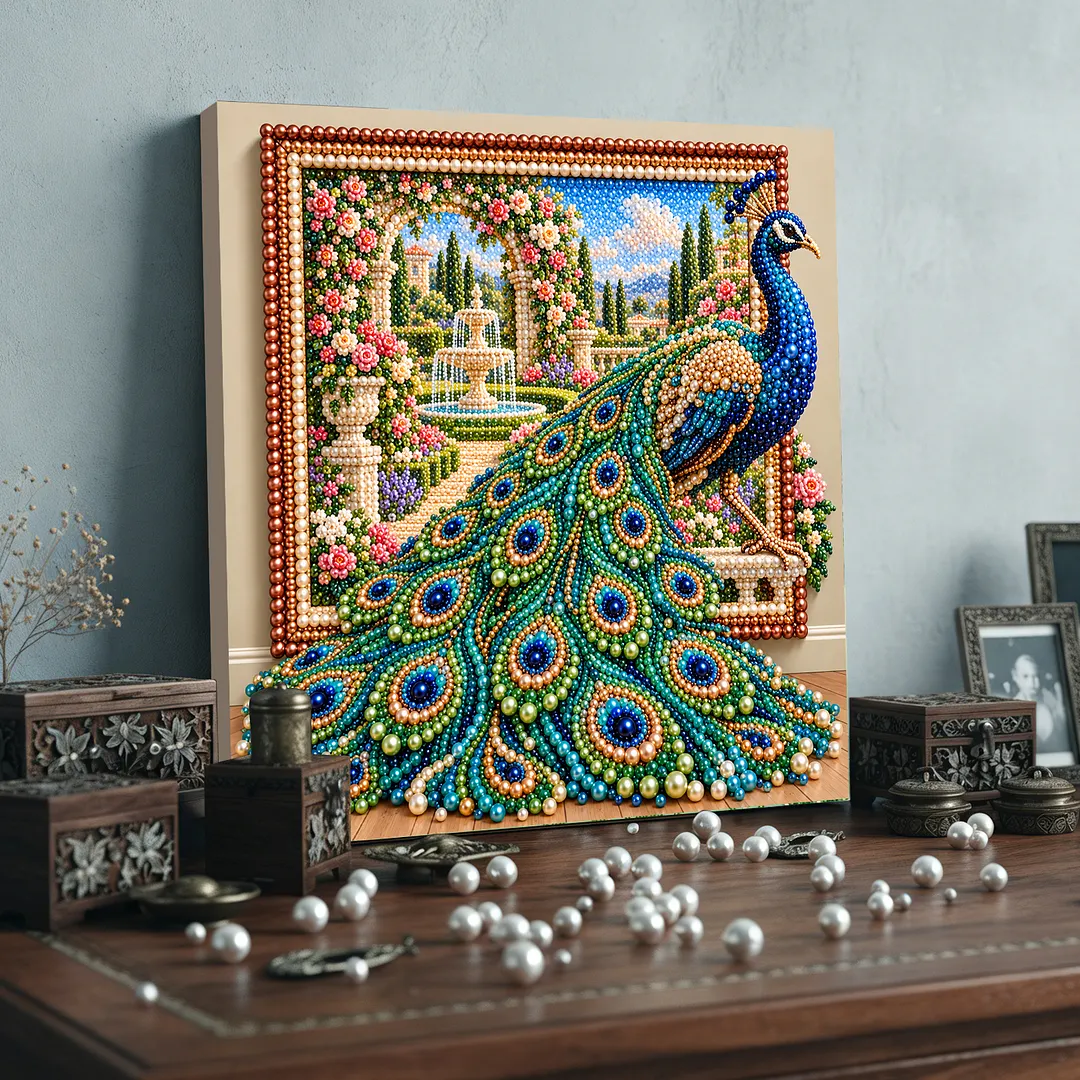 Framed Bead Painting Kit Pearl Peacock for Adults 11.81x11.81in