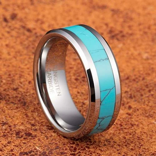 6MM 8MM Men's or Women's Blue Turquoise Inlay Silver Tone Tungsten Carbide Wedding Matching Rings
