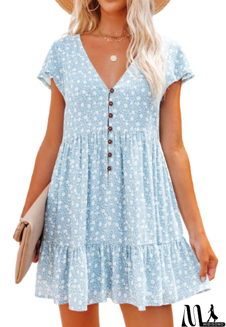 MidiSono - V-Neck Button Floral Short Sleeve Loose Casual Dress