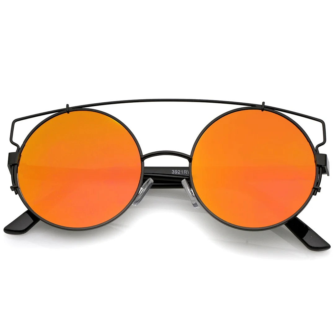 Midsize Metal Frame Horn Rimmed Crossbar Mirror Flat Lens Round glasses 53mm