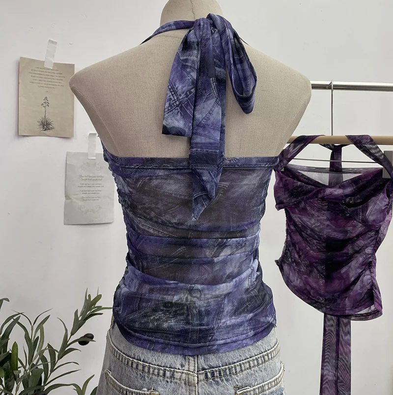 Uveng Solid Shot Tie-Dye-Dyed Denim Print Folding Mesh Sling Sling Sling Neck With Bow Striped Backwear 9921