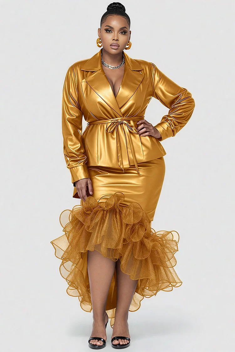 Xpluswear Design Plus Size Formal Tulle Gold Turndown Collar Long Sleeve Ruffle Elegant Bodycon PU Leather Two Piece Skirt Sets [Pre-Order]