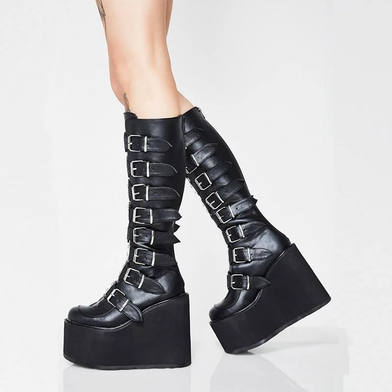 Leather Women Mid-Calf Boots Gothic Style Cool Punk Motorcycles Females Boot Platform Wedges High Heels Calf Boots Women's Shoes 1110
