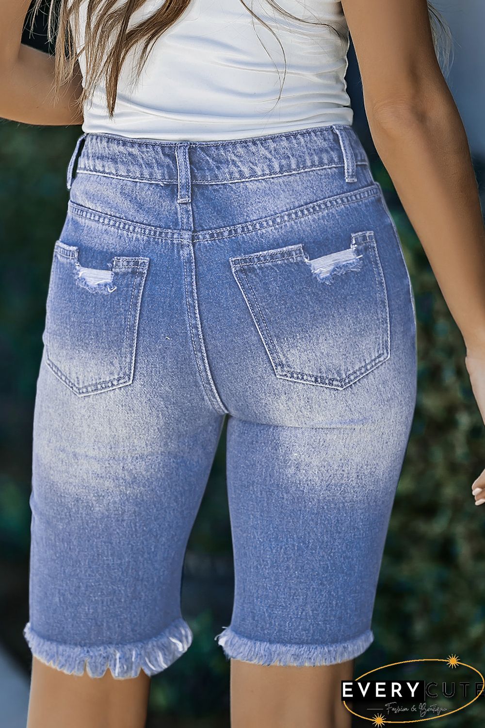 Sky Blue Button Fly Distressed Skinny Bermuda Denim Shorts