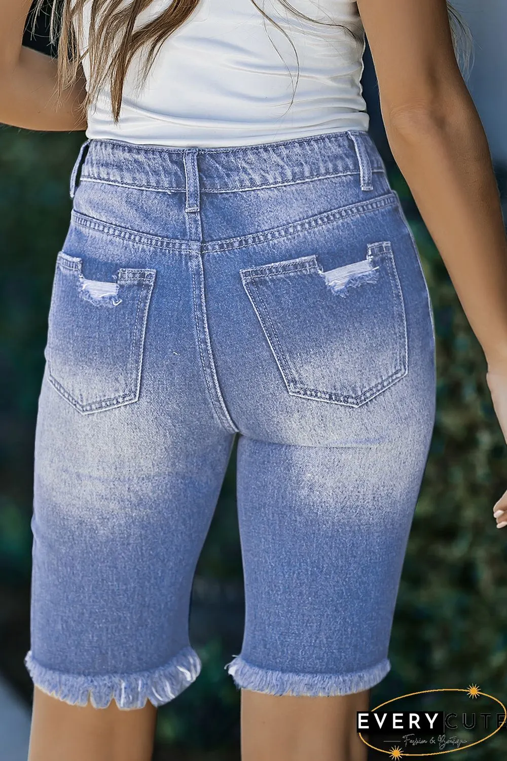 Sky Blue Button Fly Distressed Skinny Bermuda Denim Shorts