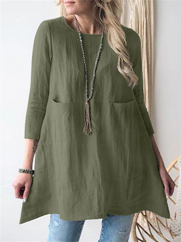 New Solid Color Loose Waist Round Neck Seven-quarter Sleeve Cotton and Linen Women's Casual and Comfortable Dresses-Cosfine