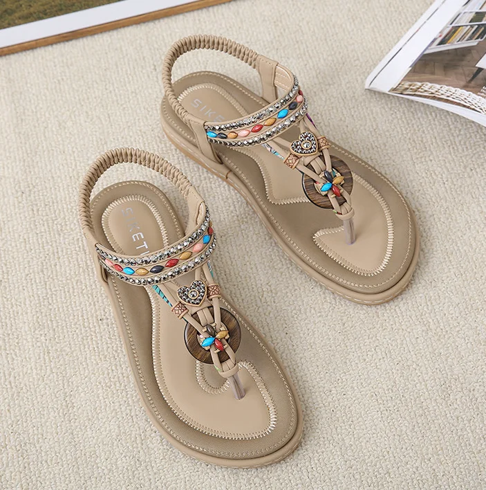 Casual Fashion Wood Bead Buckle Rhinestone Flat Beach Sandals