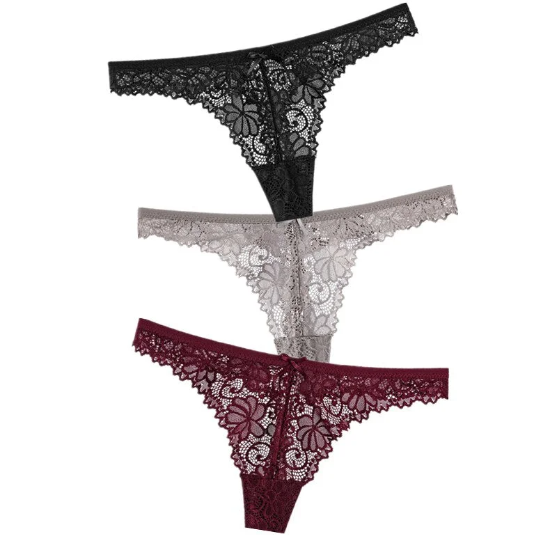 3Pcs/Lot Sexy Lace Thong Low Waist Lace Transparent Panties Women Hollow out Breathable G String Briefs Bow Underwear Lingerie