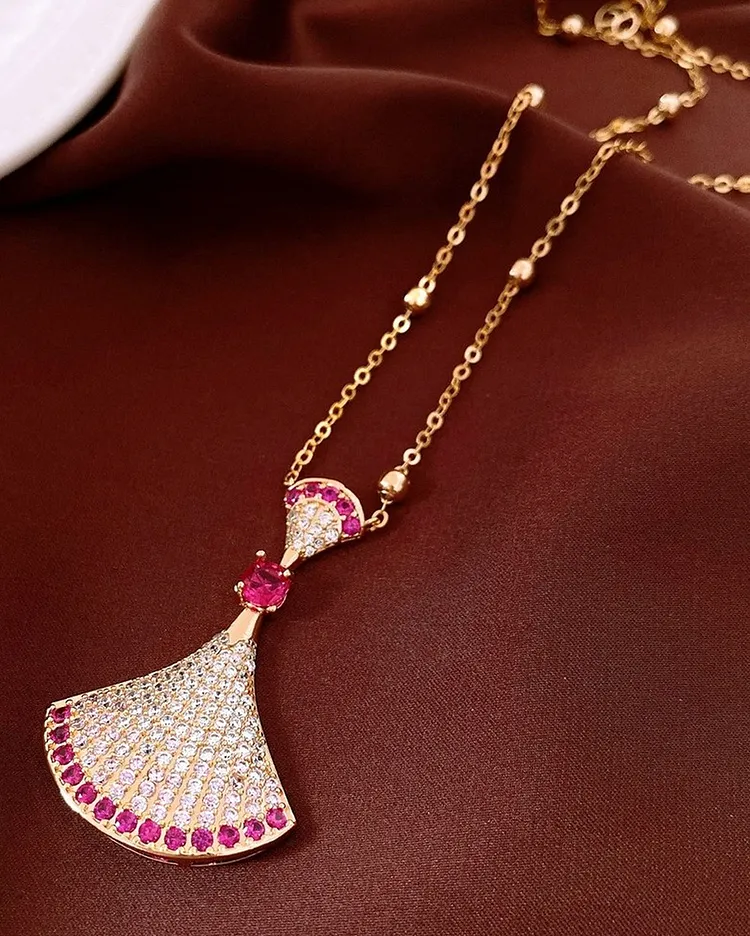 Retro Two Piece Fan Earrings and Necklace Set with Zirconia Accents