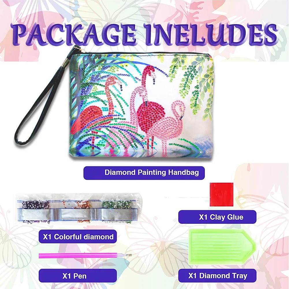 DIY Flamingo Diamond Art Cosmetic Bag Flowers Single Sided PU Women Clutch