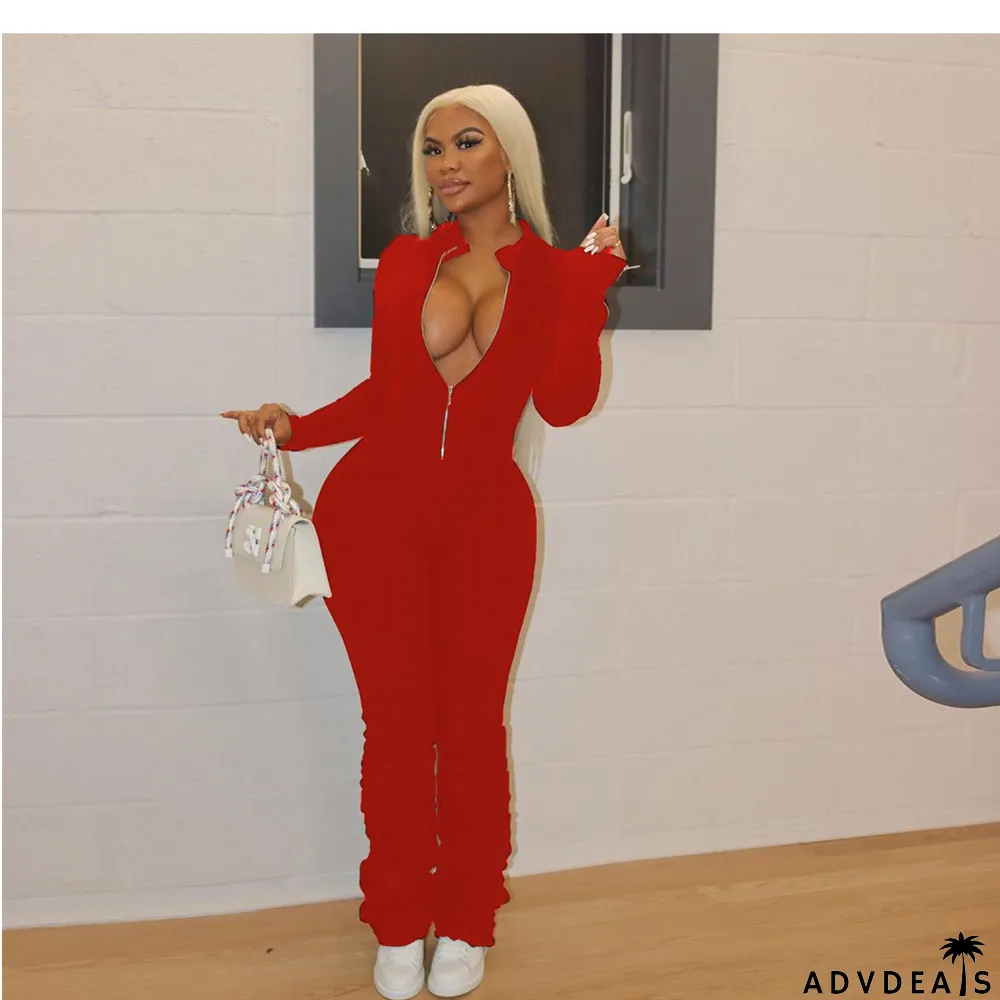 Solid Long Sleeve Zipper Stacked Jumpsuit
