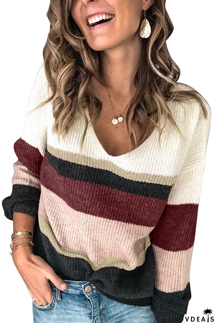 Khaki Colorblock V Neck Ribbed Knitted Sweater