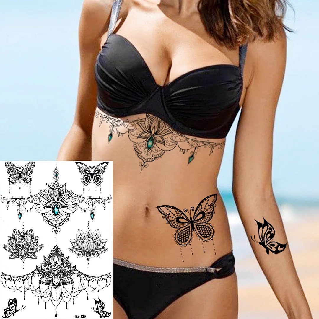 Henna Pendant Temporary Tattoos For Women Undertboob Girls Realistic Butterfly Rose Flower Fake Tattoo Sticker Chest Tatoos