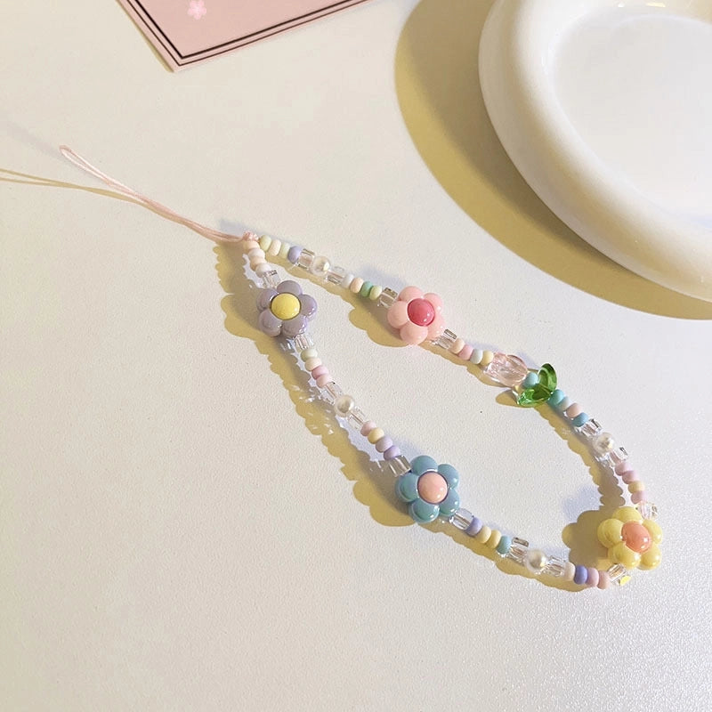 Sweet Minimalist Flower Butterfly Arylic Artificial Crystal Beaded Plating Mobile Phone Chain