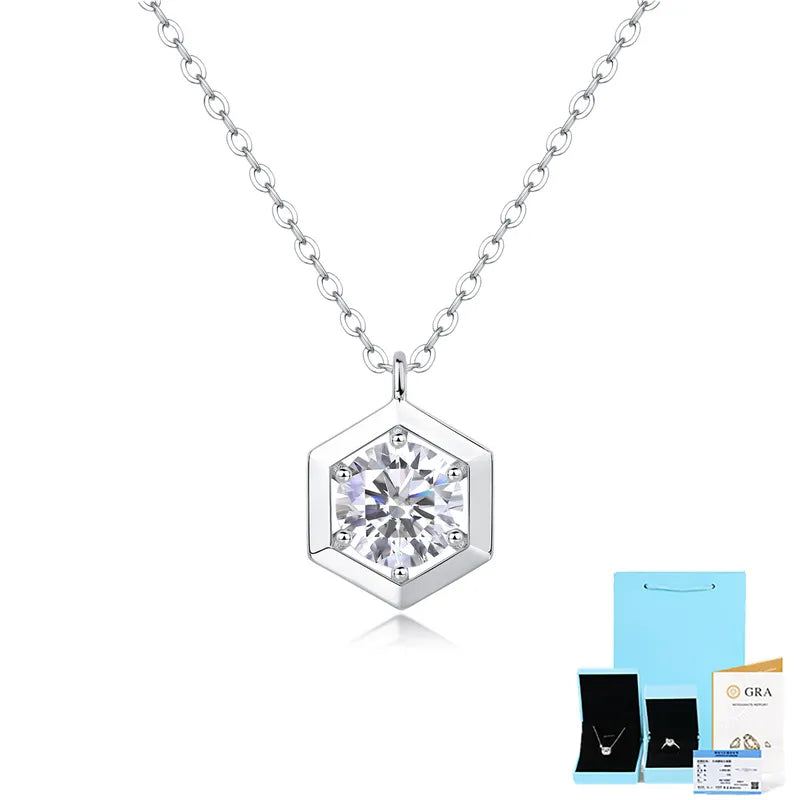 1.0ct 925 Sterling Silver Moissanite Cable Chain Polishing Inlay Geometric GRA Certificate Pendant Necklace
