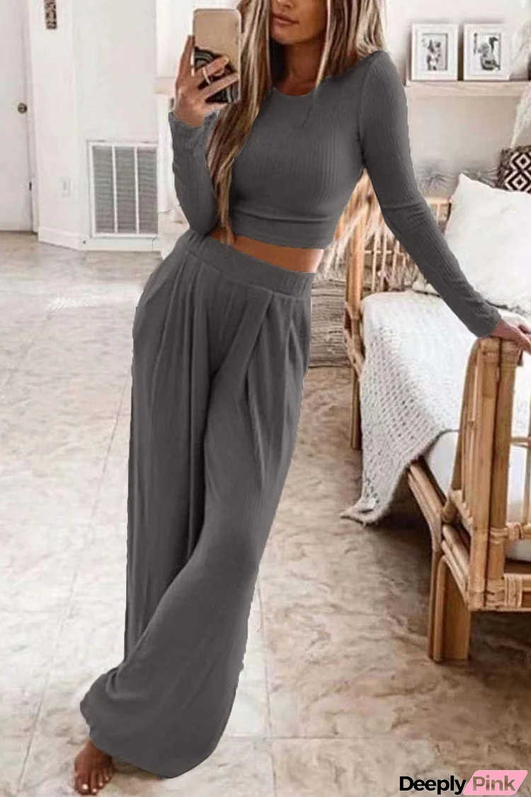 Solid Color Ribbed Crop Top Long Pants Set