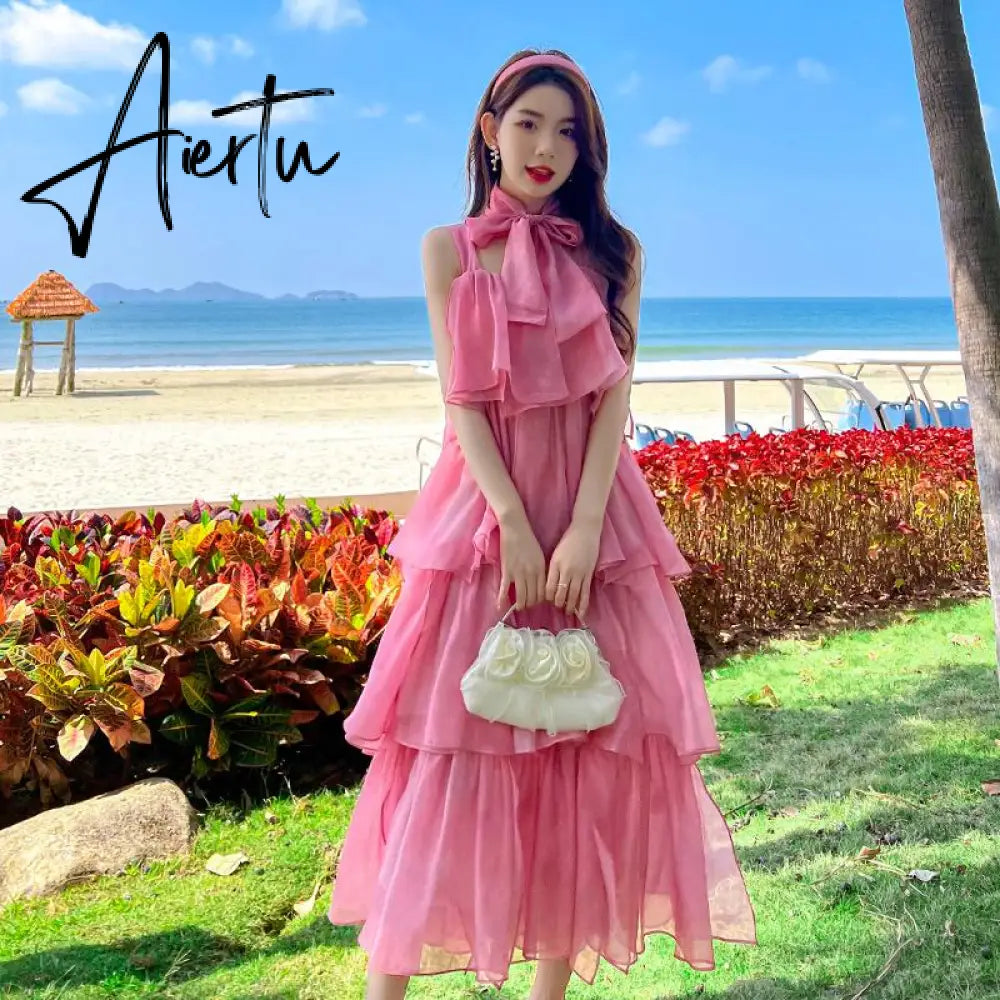Elegant Spaghetti Strap Dress Women Summer Flounced Edge High Waist Beach Holiday Dresses Woman Party Boho Robe Femme Aiertu