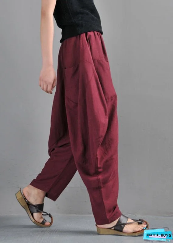 Red Elastic Waist Pockets Beam Pants Summer