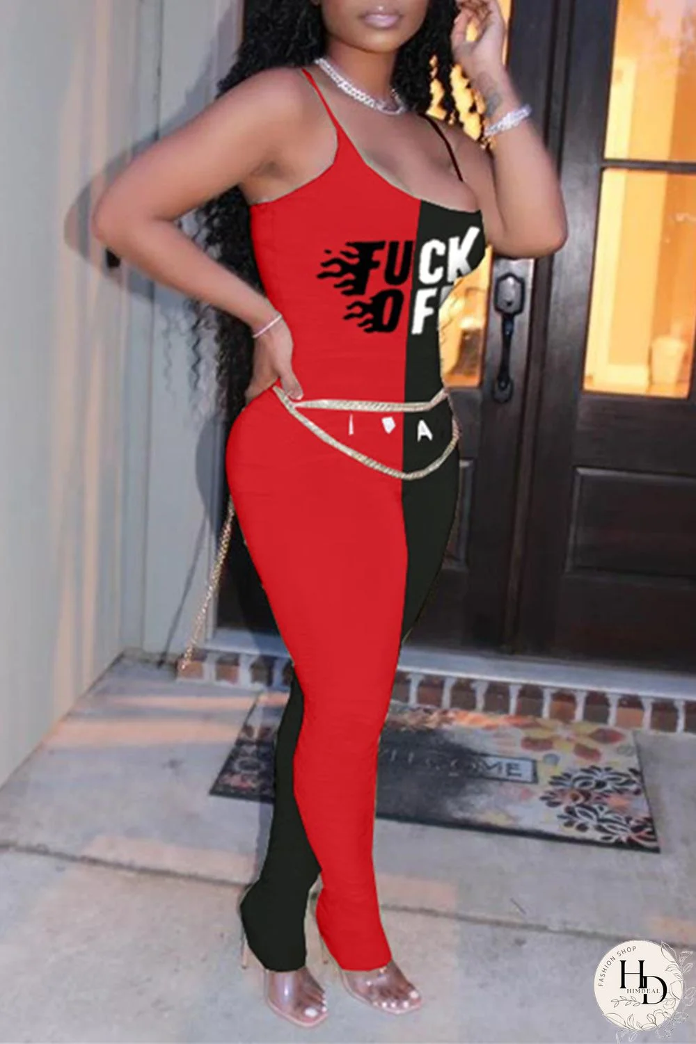 Yellow Purple Fashion Sexy Letter Print Split Joint Backless Fold O Neck Skinny Jumpsuits