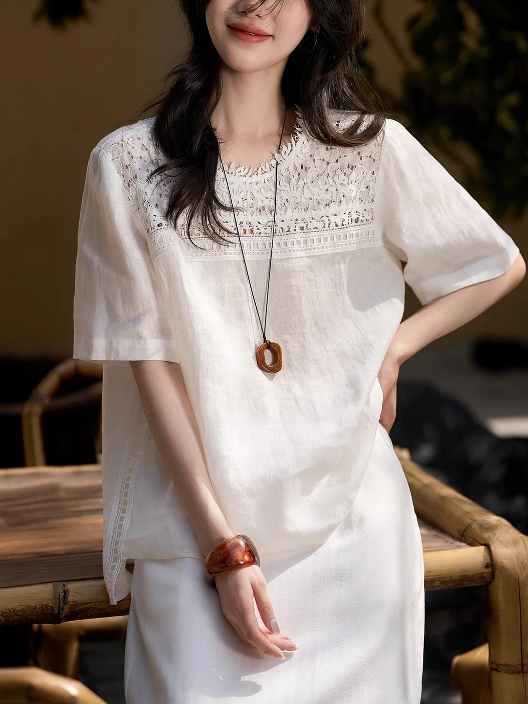 Athvotar Athvotar Dream Floating Heavy Industry Lace + Loose Short-Sleeved Collar Shirt Women's Top 25 Summer New Solid Loose Leisure Wind