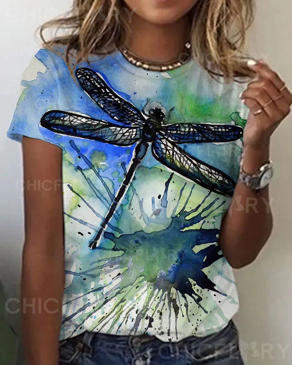 Women's Dragonfly Pattern Crew Neck T-shirt