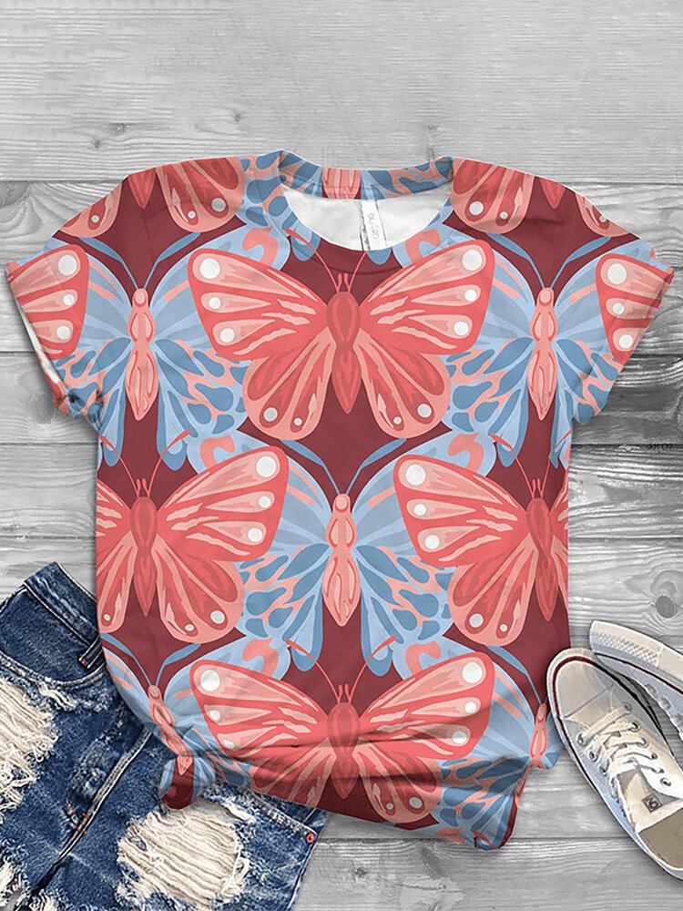 Butterfly Print O neck Short Sleeve Casual T Shirt For Women P1797585