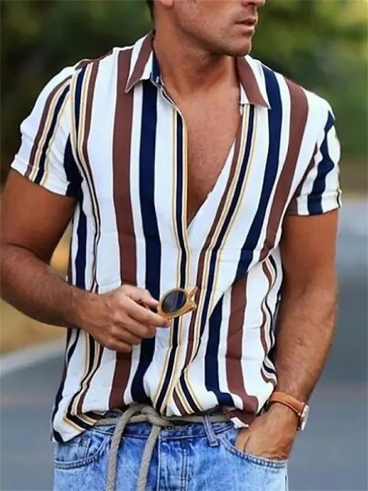 Men's Shirts Striped Collar Street Daily Buckle Printed Short-sleeved Tops Casual Fashion Breathable White, Brown, Blue, Gray Men's-JRSEE
