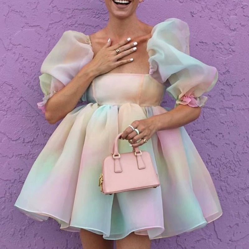 Llyge hoco dresses Elegant Lady Puff Sleeves Tulle Dress Princess Women's Mini Dress Chic Women Pretty Charming Prom Gowns Partywear Night Outfits llyge
