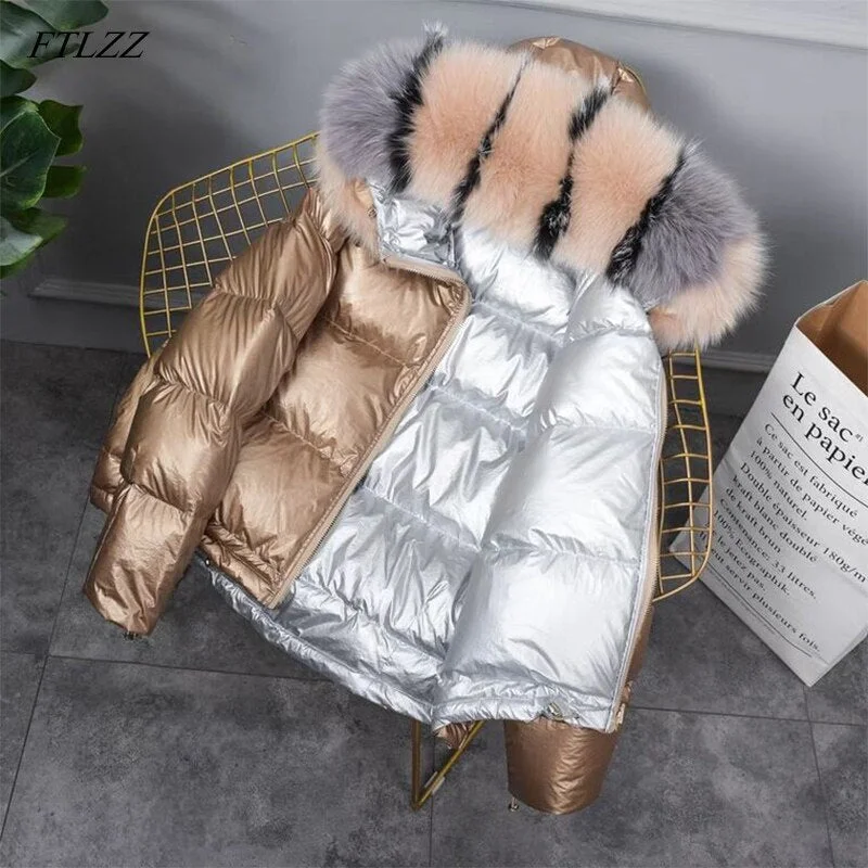 FTLZZ Winter Jacket White Duck Down Parkas Women Gold Silver Double Side Coat Big Aritificial Fur Hooded Female Down Oversize