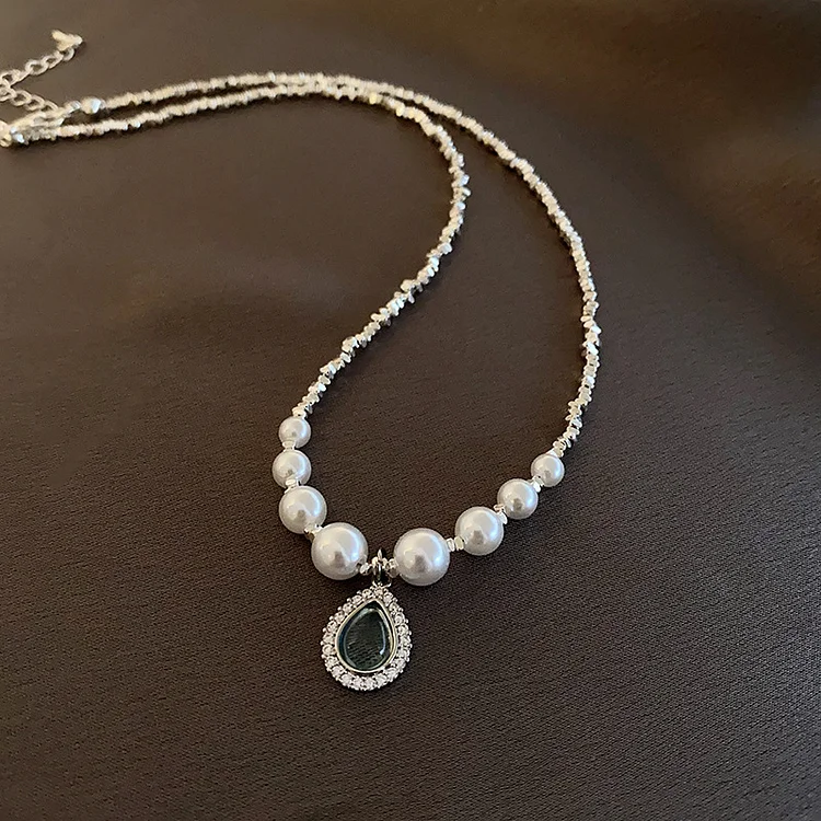 Silver Pearl Zircon Water Droplet Necklace