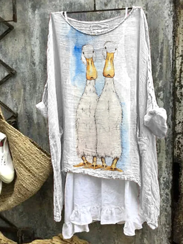 Cute Duck Print Linen Blend Casual Shirt