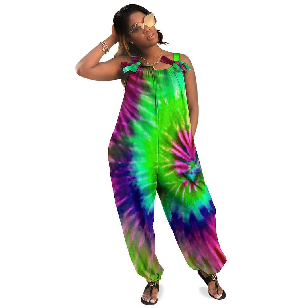 Tropical Rainbow Green Magenta Starburst Tie Dye Boho Vintage Loose Overall Corset Jumpsuit Without Top