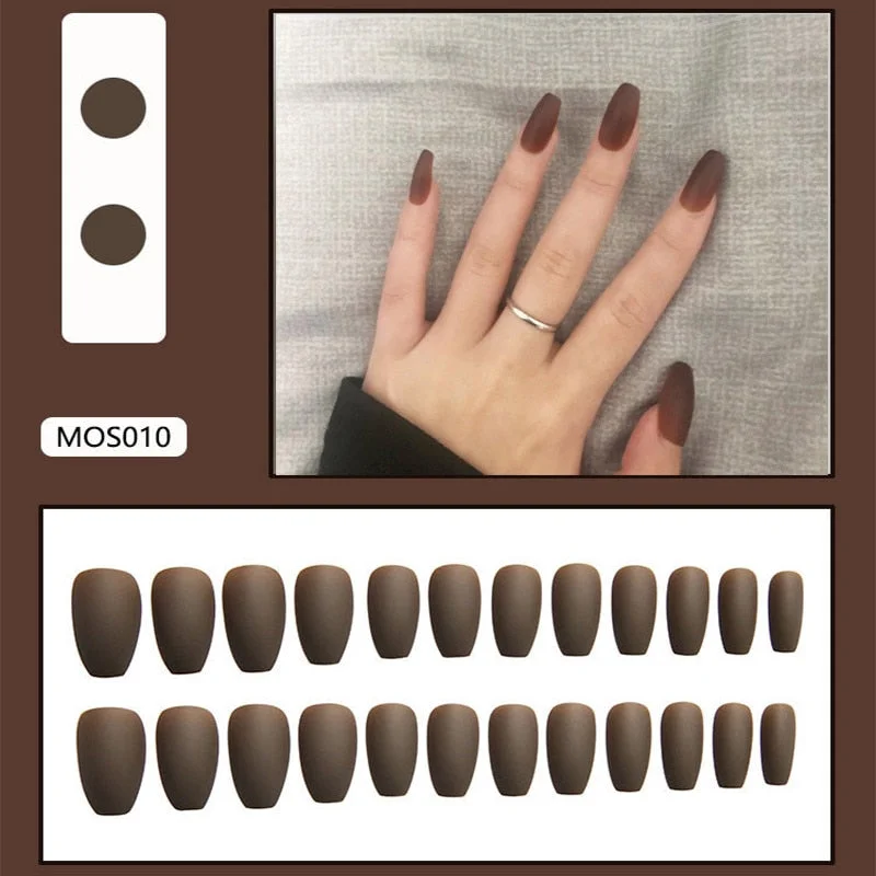 24Pcs Europe and the United State Beam ballerina fake press on nails Long Round Head Khaki matt fake nails with glue for girls-Nail Inspo