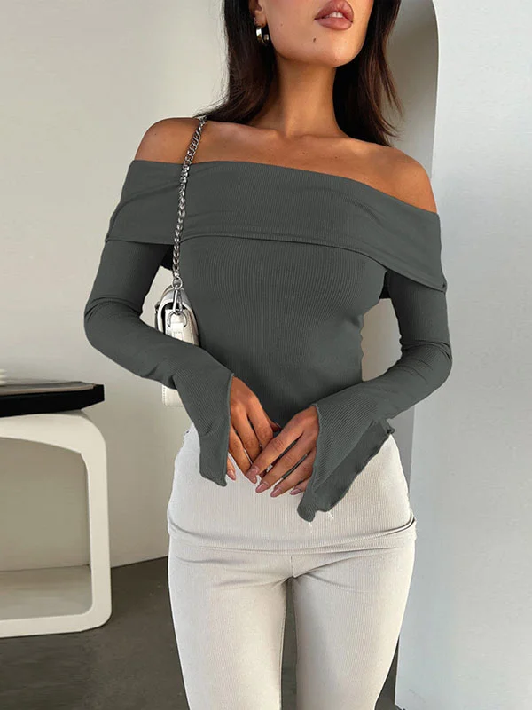 Solid Color Irregular Clipping Long Sleeves Off-The-Shoulder T-Shirts