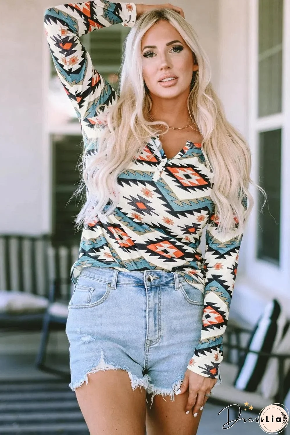 White Aztec Geometric Print Long Sleeve Henley Top
