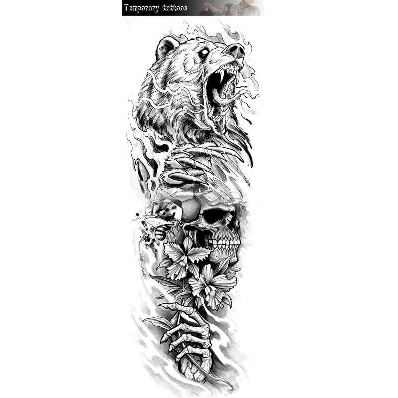 Sdrawing Temporary Tattoos Skeleton Hand For Men Women Horrer Adult Wolf Tiger Full Skull Totem Tatto Body Arm Legs Tattoos 1028-1