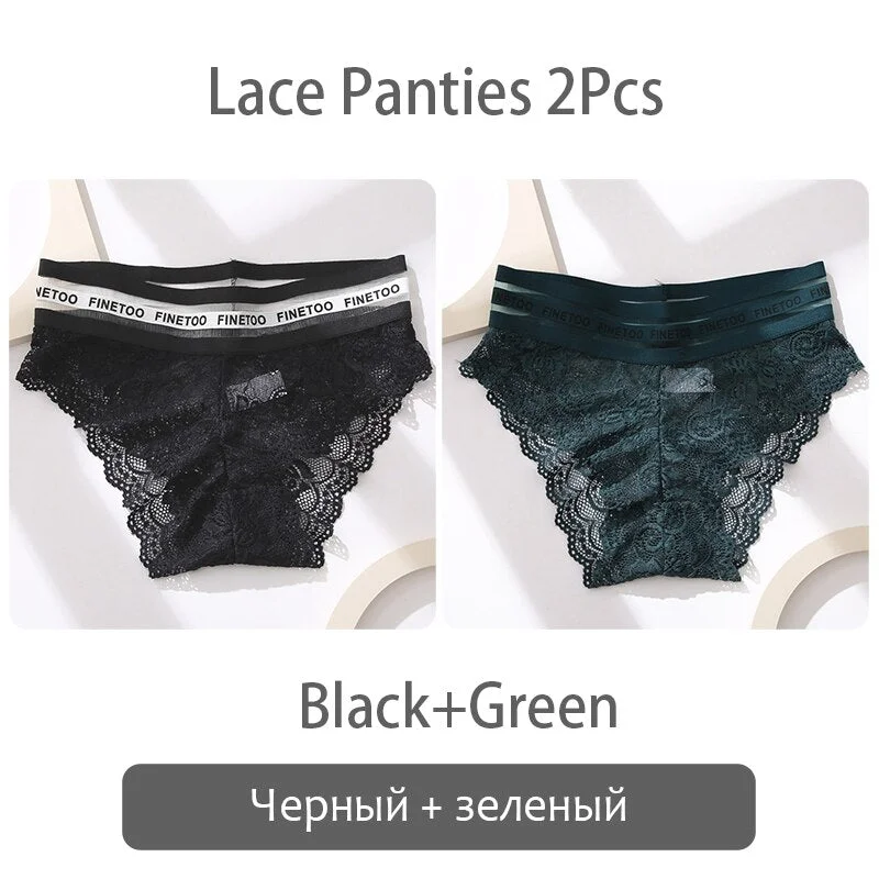 FINETOO 2Pcs Lace Panties Women Sexy Transparent Briefs Low Waist Floral Underwear Fashion Ladies Underpants L-2XL Girl Lingerie
