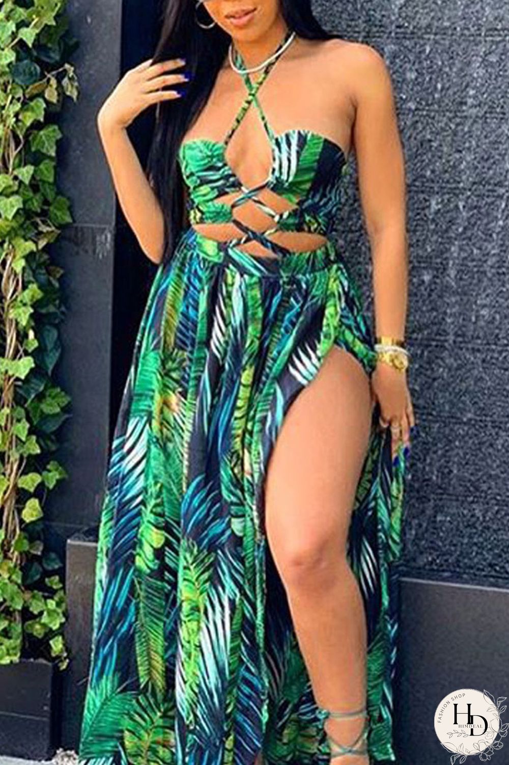 Red Sexy Print Hollowed Out Split Joint Backless High Opening Halter A Line Dresses