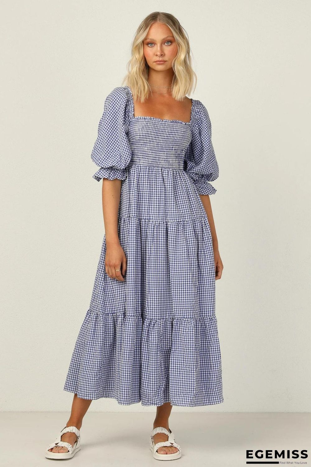 Elastic Square Collar Check Bubble Sleeve Dress | EGEMISS