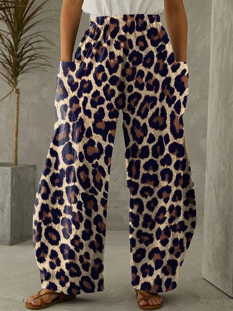 Women's Leopard Print Elastic Waist Wide Leg Pants Trousers Casual Pants