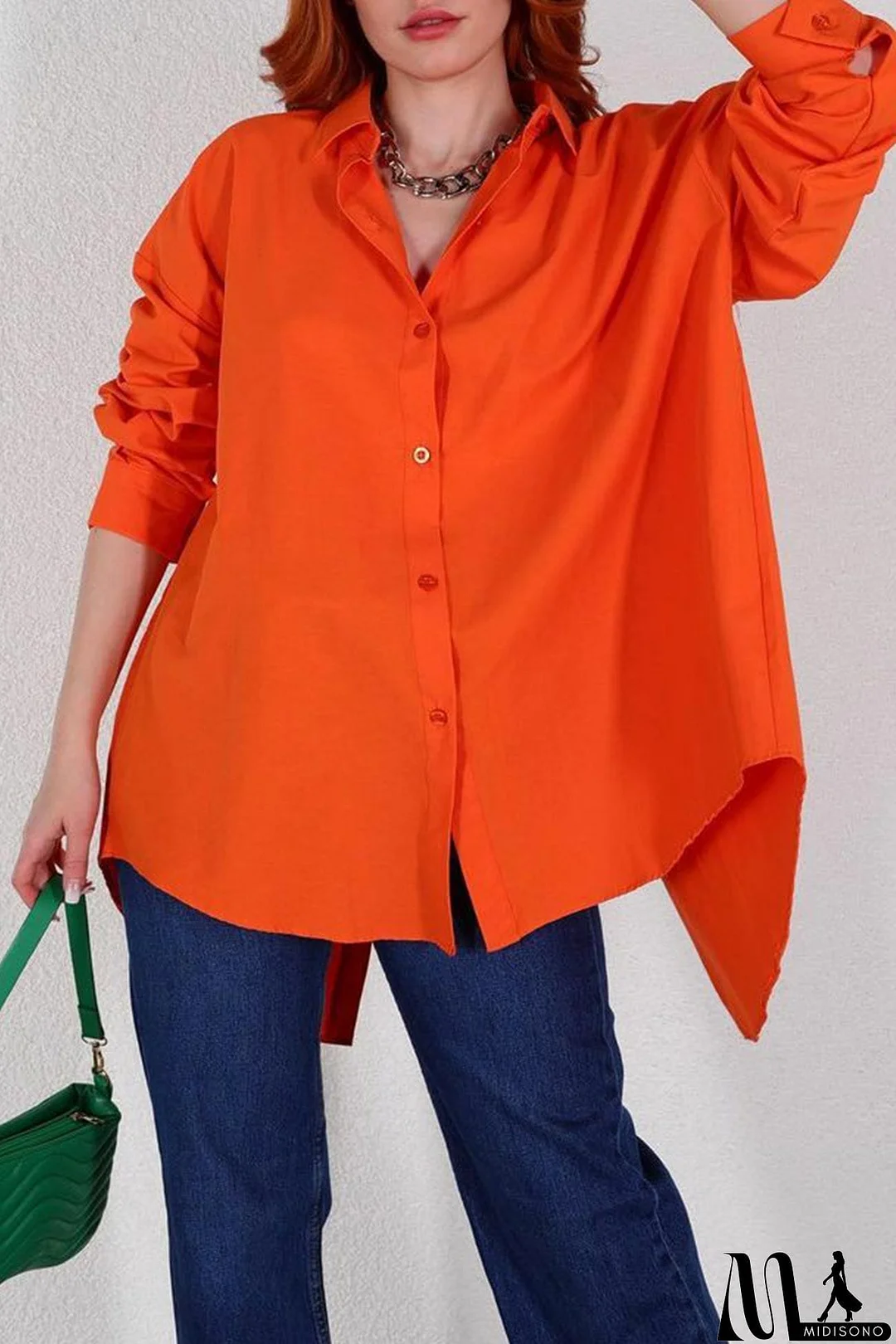 MidiSono - Single-breasted Back Slit Solid Blouse