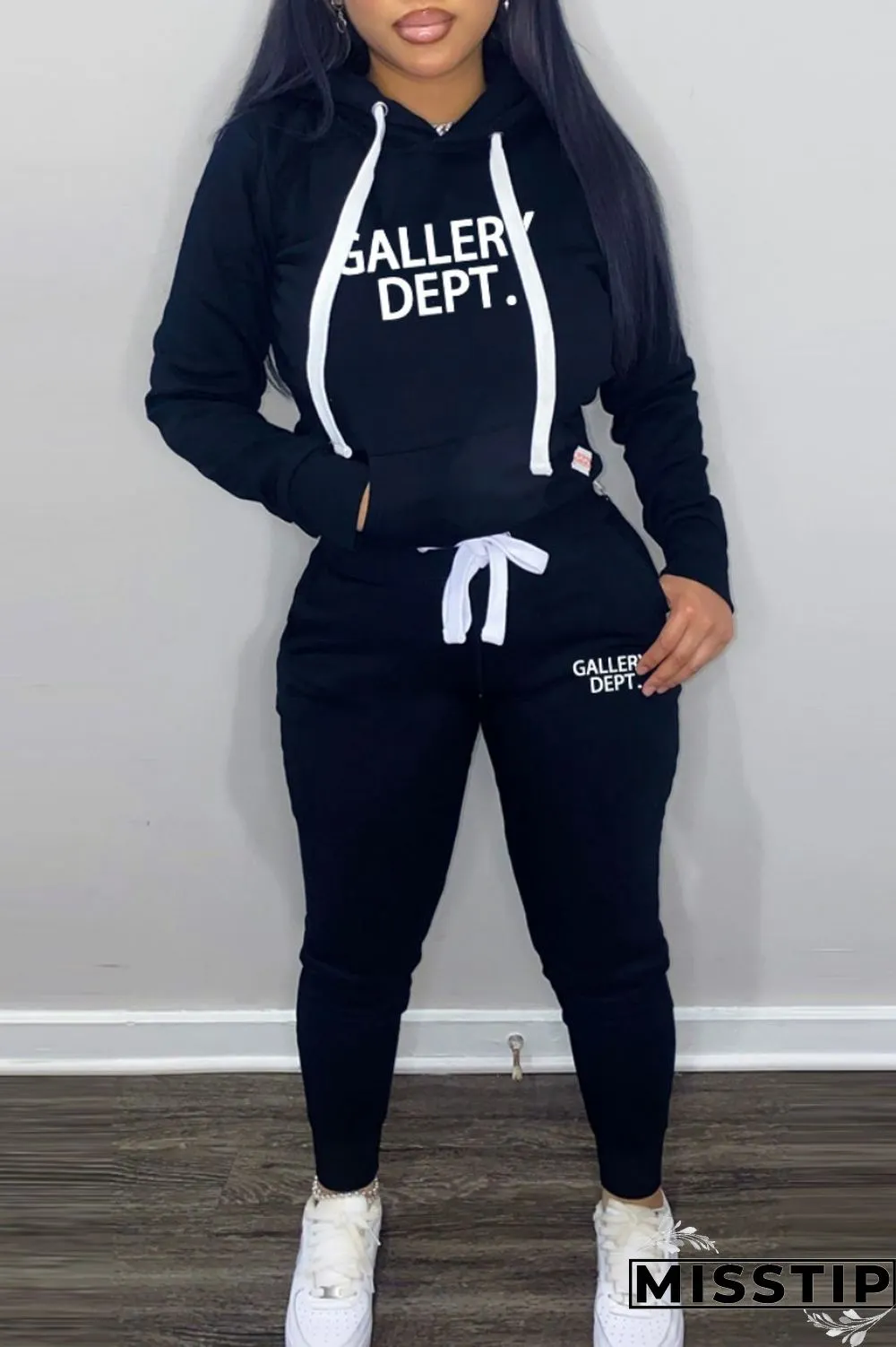 Grey Casual Letter Print Basic Hooded Collar Long Sleeve Two Pieces