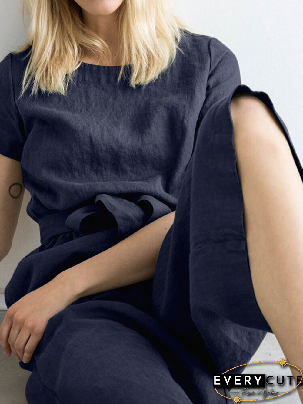 Solid Pocket Short Sleeve Wide Leg Jumpsuit With Belt