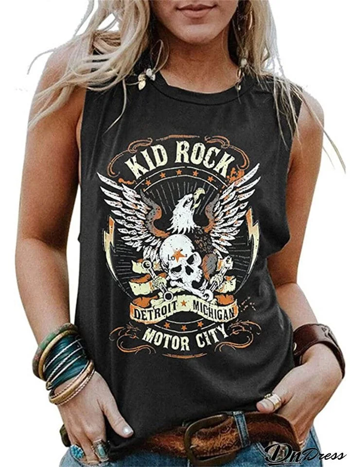 Trendy Skull Eagle Print Round Neck Summer Vest for Women