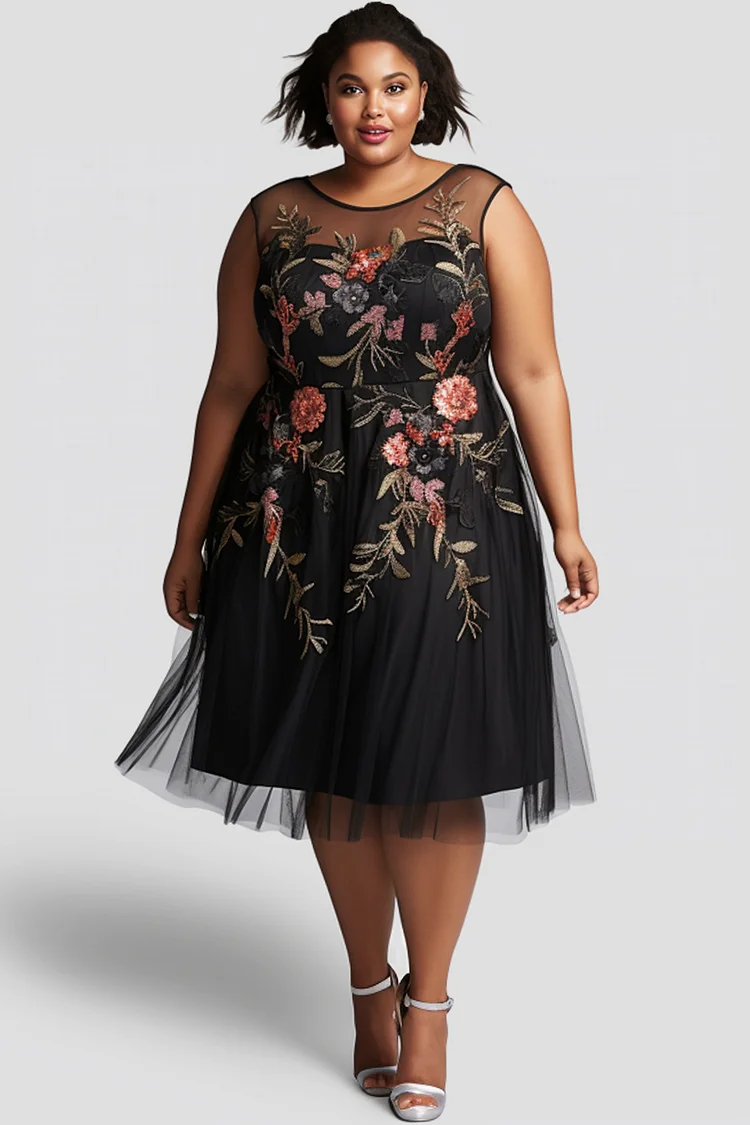 Flycurvy Plus Size Mother Of The Bride Black Mesh See-through Floral Embroidery Midi Dress  Flycurvy [product_label]